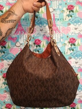 Michael Kors Brown MK Logo Shoulder Hobo with Gold Chain Accents